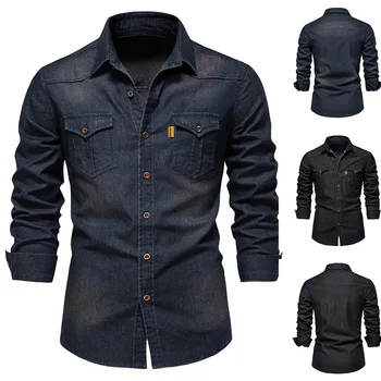 Брендовая эластичная хлопковая джинсовая рубашка, мужские качественные ковбойские рубашки с длинным рукавом для мужчин, повседневная приталенная мужская дизайнерская одежда для Хэллоуина